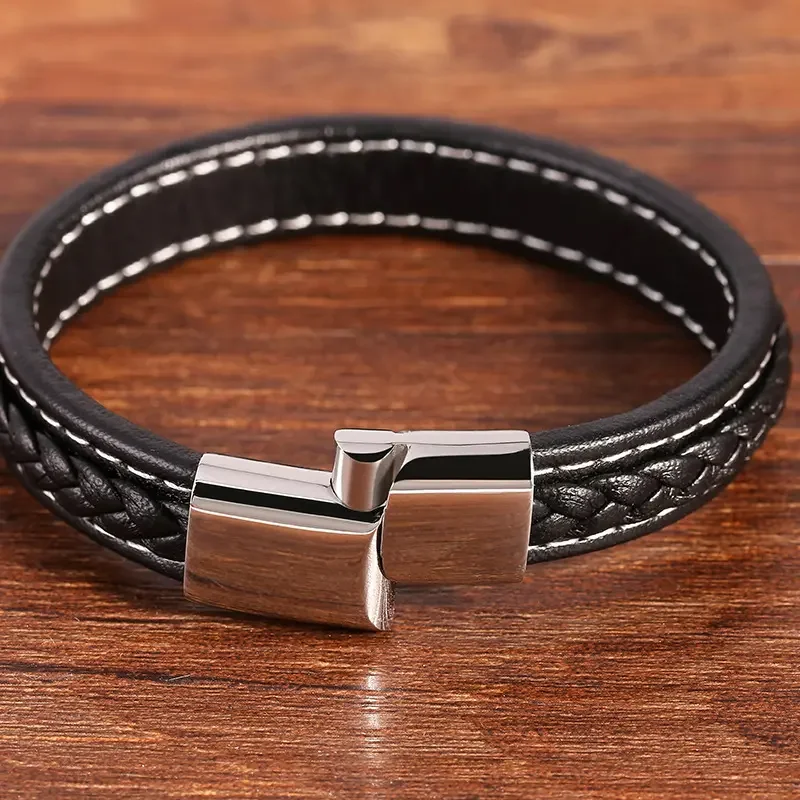 Luxury Hand-Woven Combination Stitching Stainless Steel Leather Bracelet Black Brown Genuine Leather Bangles Jewelry Gift OT-066