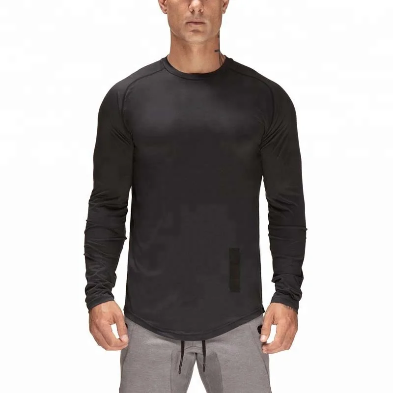 OEM Mens T-Shirt sports Cotton  Elastane Elongated Gym rubber zipper pocket Longline Curved Hem Long Sleeve t shirt