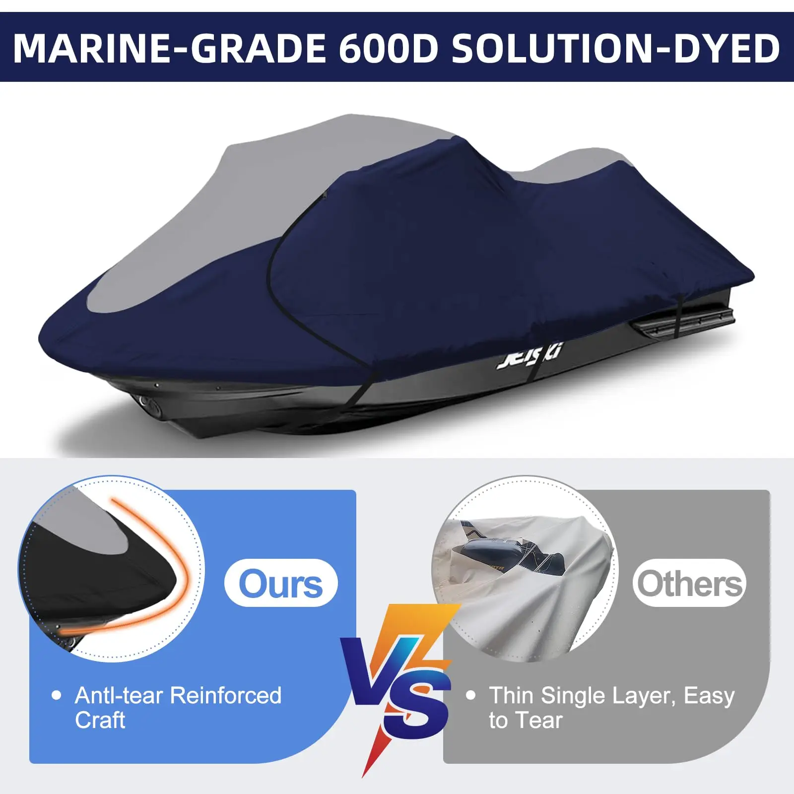 Outdoor Gray and Navy Blue Jet Ski Cover Waterproof and UV Resistant Motorboat Cover
