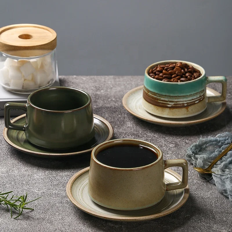 255ml Japanese style Creamic Coffee Mug Handmade Retro Porcelain Breakfast Cup Hand Punch Coffee Cup And Saucer Gift Set