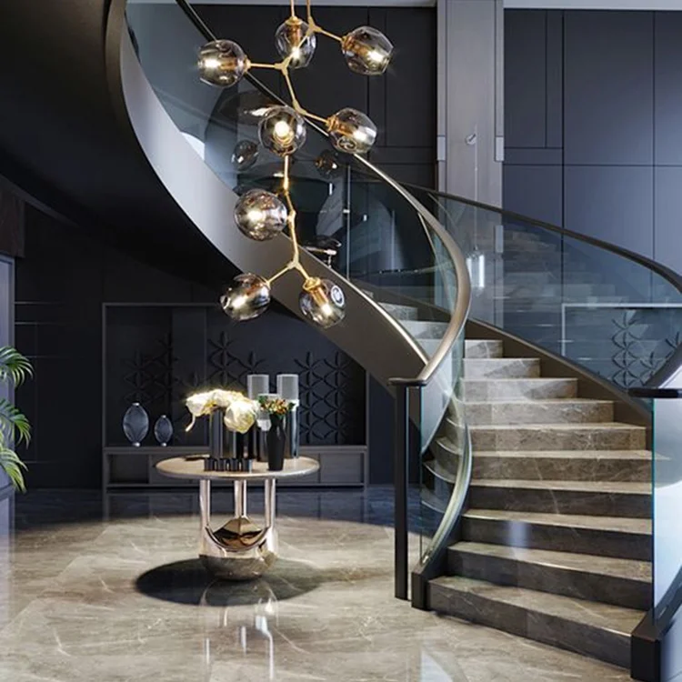 High Quality Modern Indoor Curved Staircase Interior ceramic stair step curved Stairs with Glass Railing stairs for small houses