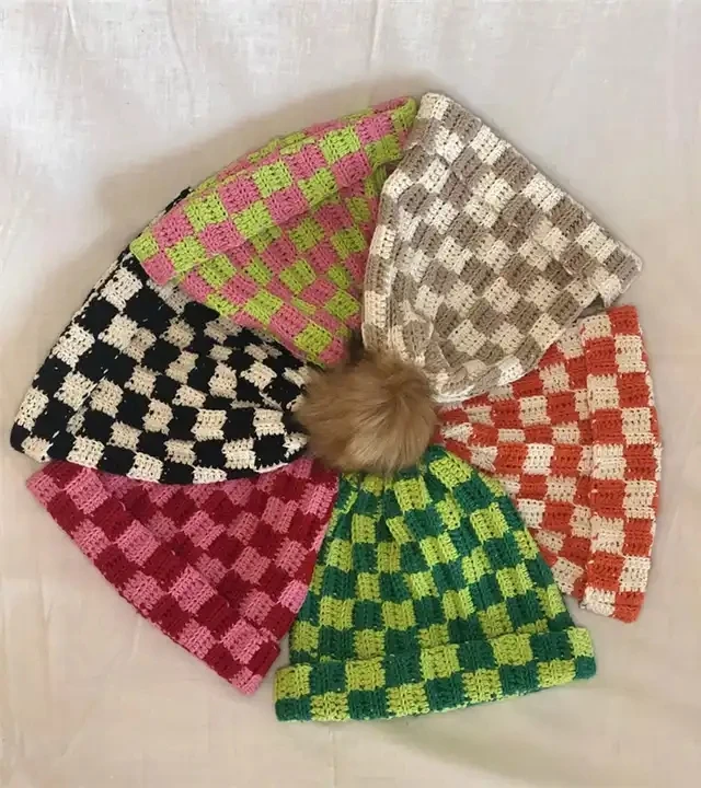 Fashion 2023 Winter Thick Crochet Knitted Cuffed Beanie Caps Handmade Checkered Beanie Hats for Women Men