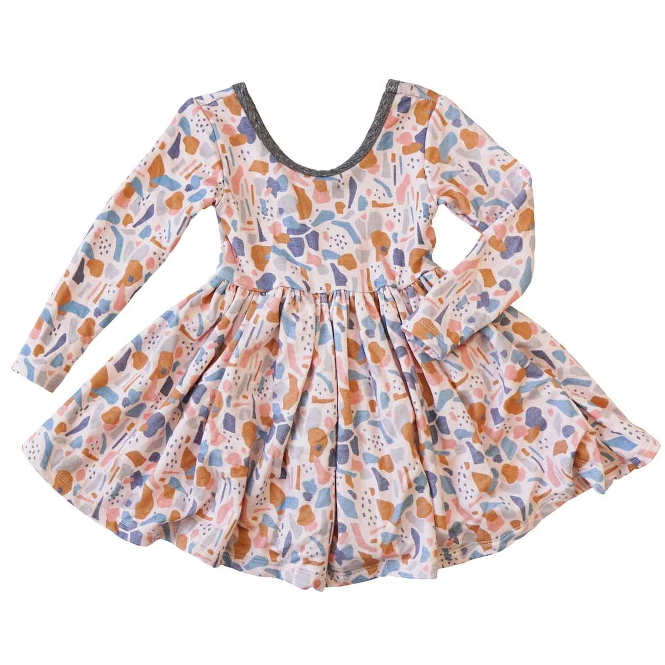 Milk Silk Dancing Girls Deep U Back Cotton Pattern Dress Rib Stripe Buttons High Waist Kids Twirl Dress