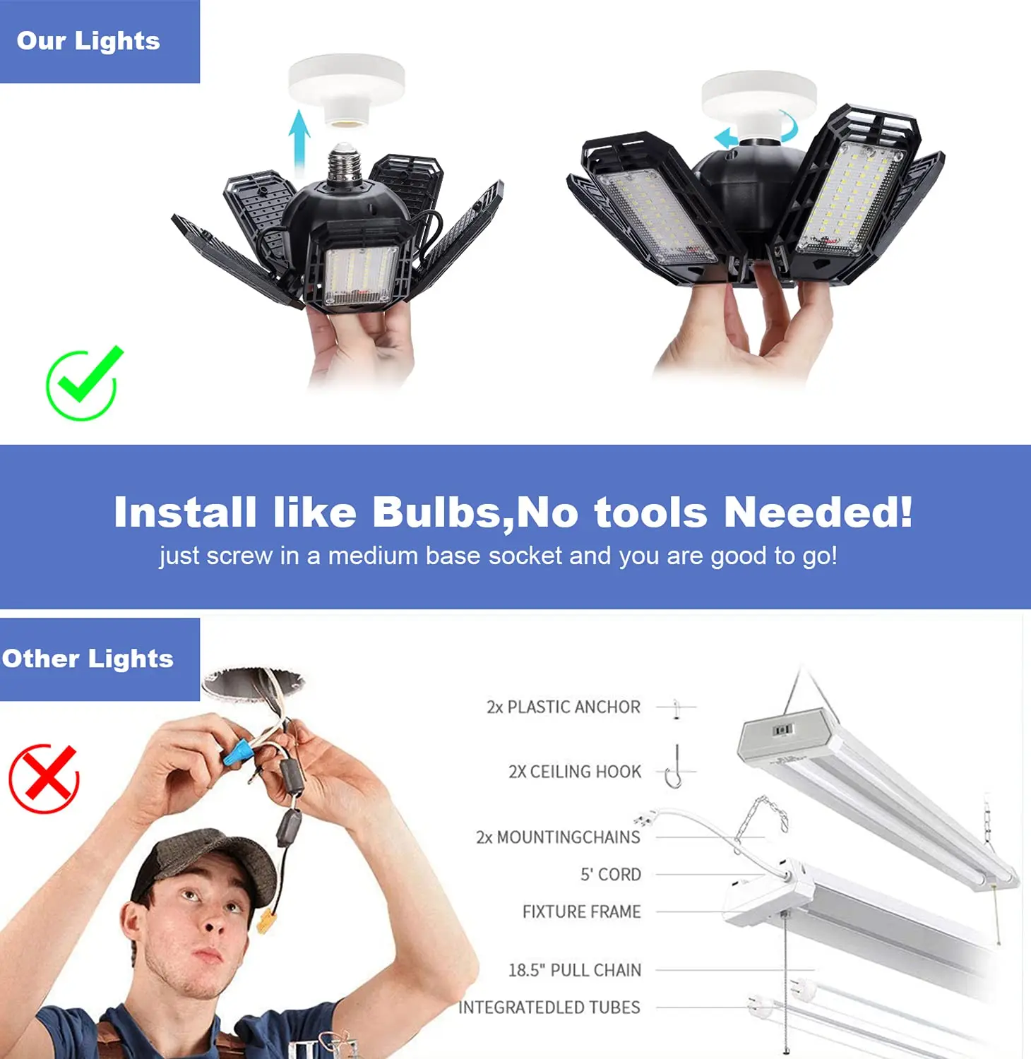 2 Pack LED Garage Light 150W Ultra Bright LED Shop Light 5 Adjustable Panels LED Deformable Garage Ceiling Lights