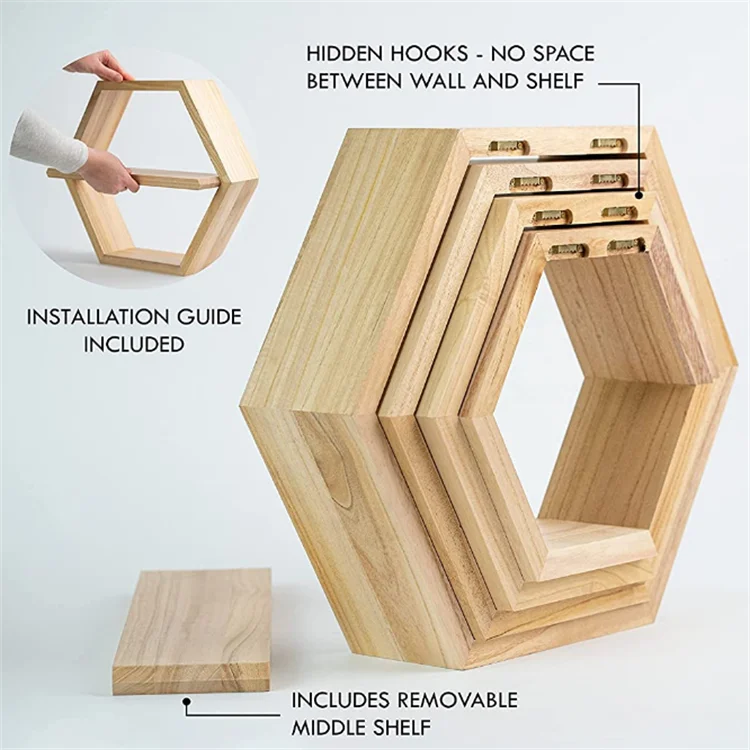 High quality extra large 4 pcs paulownia wood hexagon wall shelf honeycomb wooden floating shelves