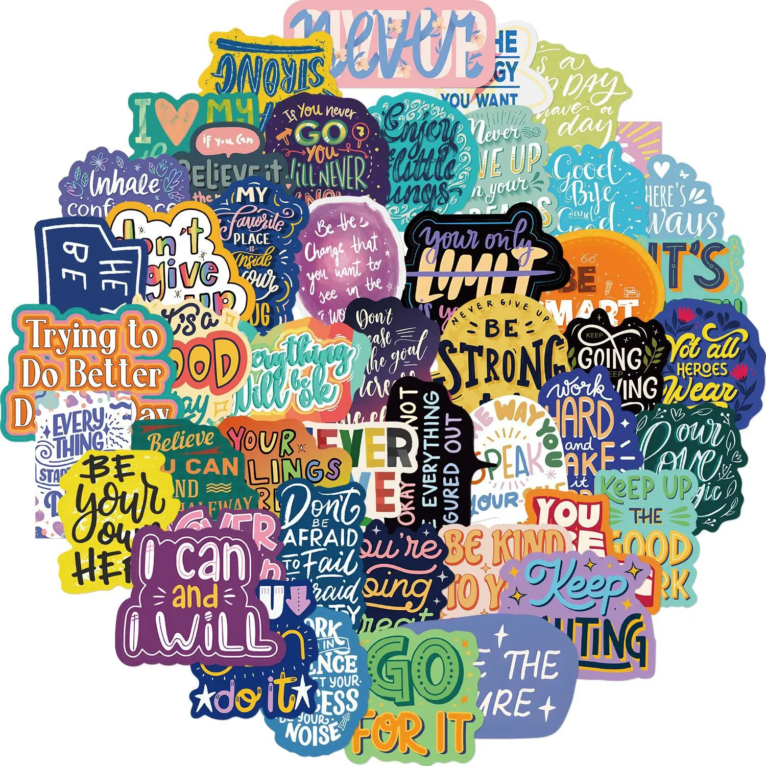 50Pcs Colorful Inspirational English Graffiti Stickers For Bottle Phone Decor Positive Phrases Sticker