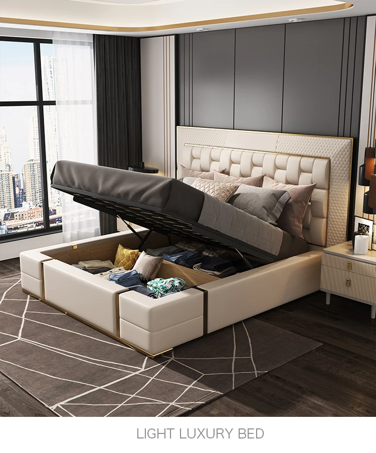 Итальянская роскошная двуспальная кожаная кровать высокого класса современная мебель для спальни комплект кроватей с металлическим каркасом