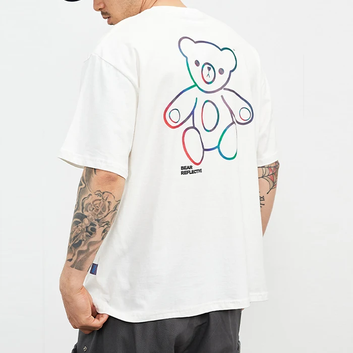 hot selling men casual summer t shirt cutsom private label tshirts reflective cartoon bear printed men baggy tshirt