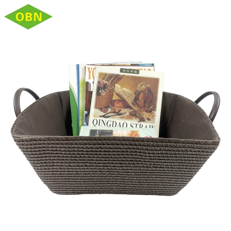 Home sundries storage cheap blue color neatening sewing pp straw basket with PU handles