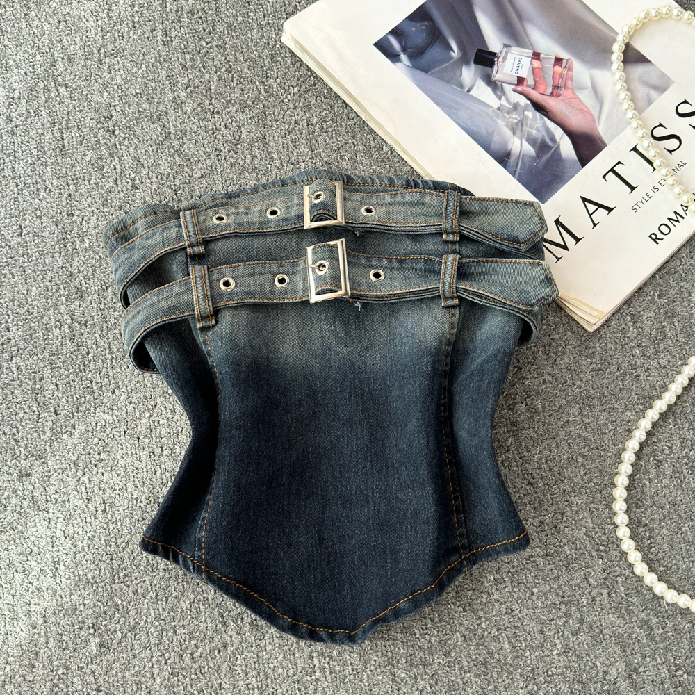 Ladies Strapless Denim Vest Sexy Corset Tank Tops Denim Belt Crop Tube Top Summer Hot Sale Gradient Denim Top For Women