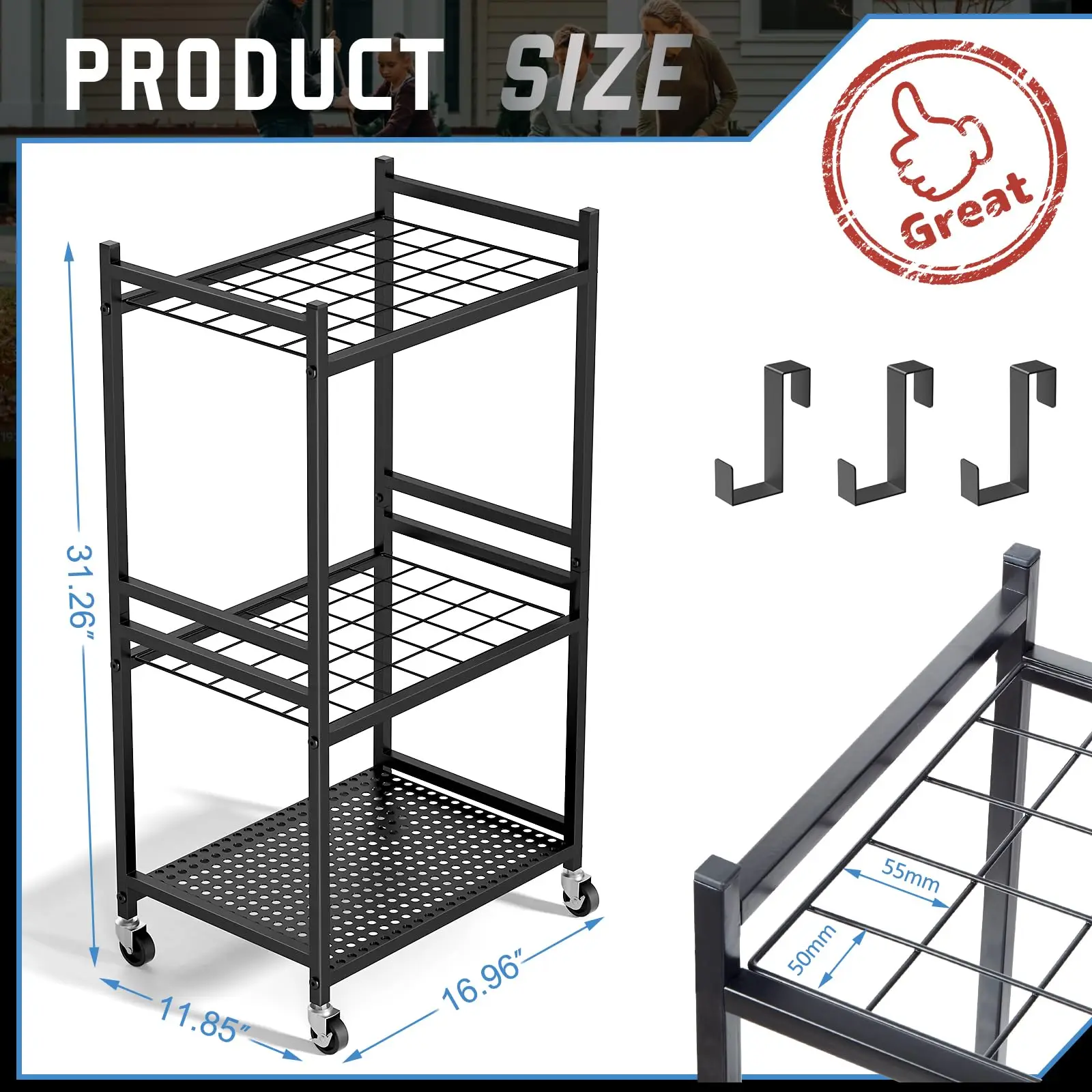 Black 3 Tiers Yard Tool Organizer Rack With 9 Hooks For Garage Multi-function Heavy Duty Garden Tool Storage Rack
