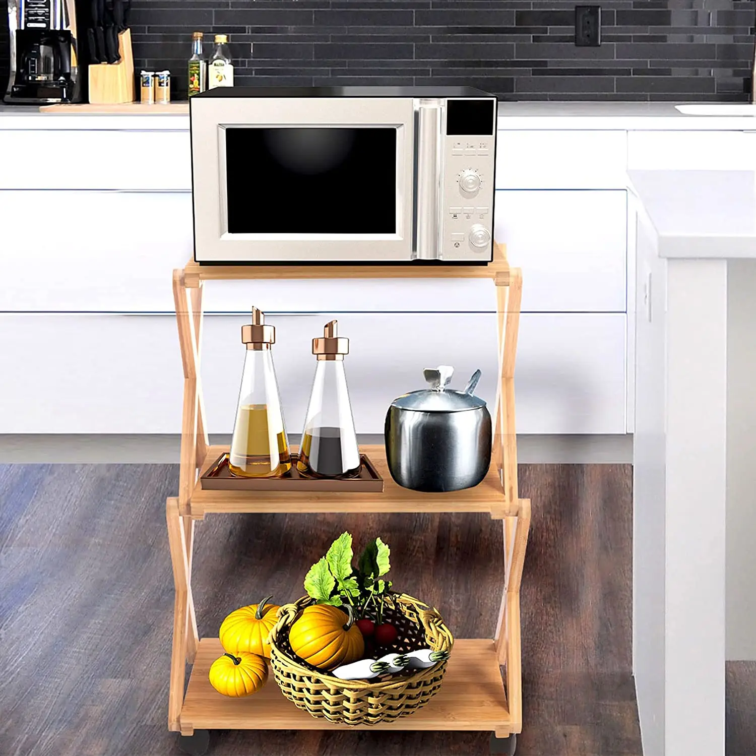 Custom 3-Tier Printer Cart Side Table with 4 wheels Bamboo Desk Organizer Anti-Skid Home Office Organization Under Desk Shelf