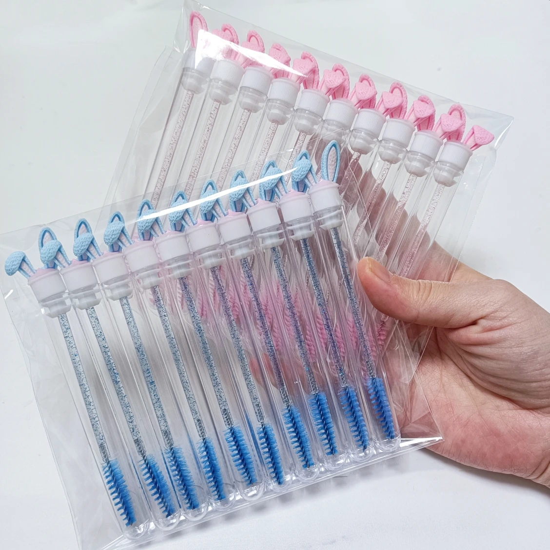 Custom Bunny Ear Mascara Brush Blue Pink Lash Brushes In Tube Disposable Mascara Lash Wand Tubes