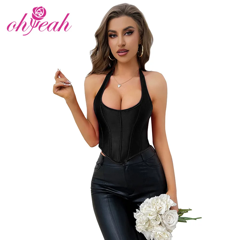 Shop new style mature women black satin halter 13 pieces plastic bones sexy vintage corset vest