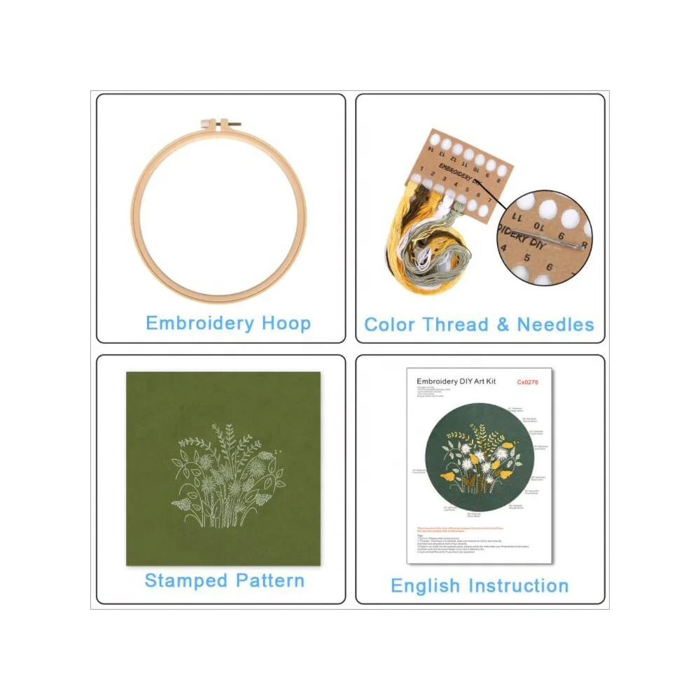 Customized Embroidery Starter Kits with Instructions Cross Stitch Hoops Pre-printed Pattern Cloth Theads and Tools Set
