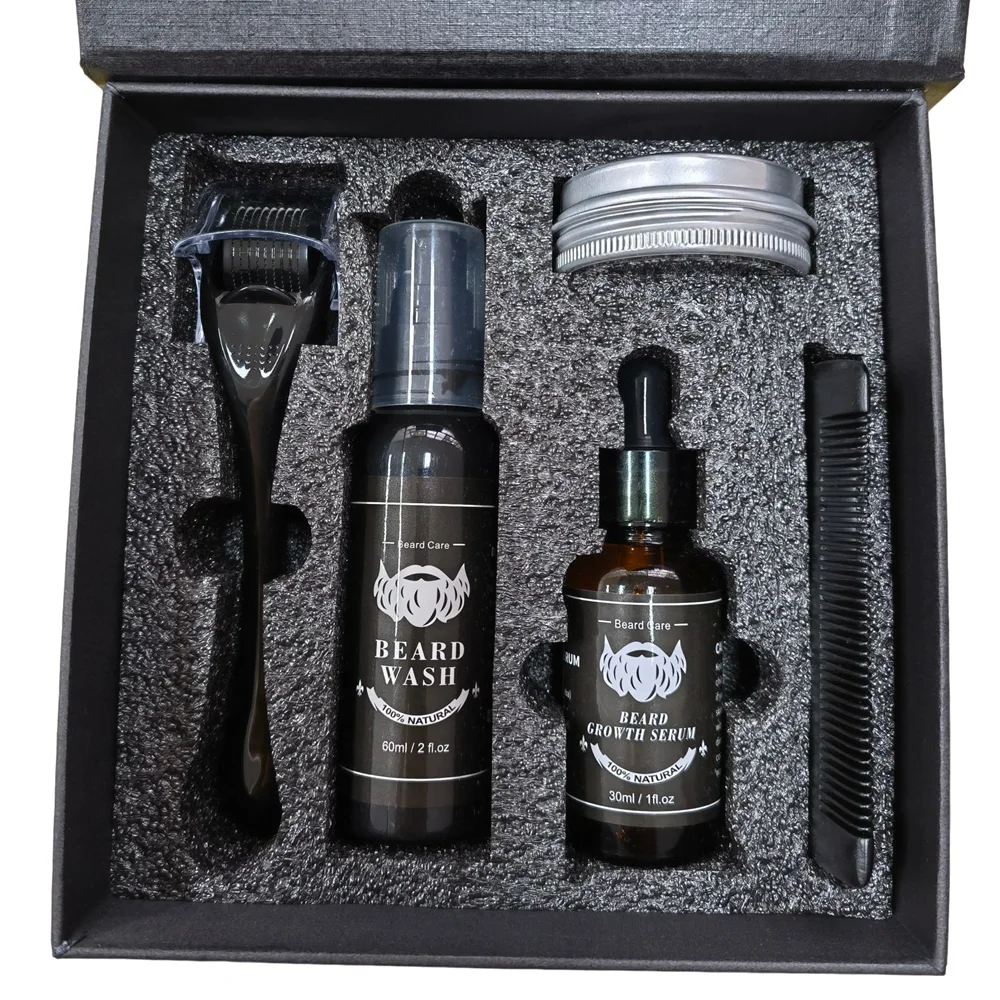 Custom Private Label organic beard growth kit beard roller kit beard grooming kit for men