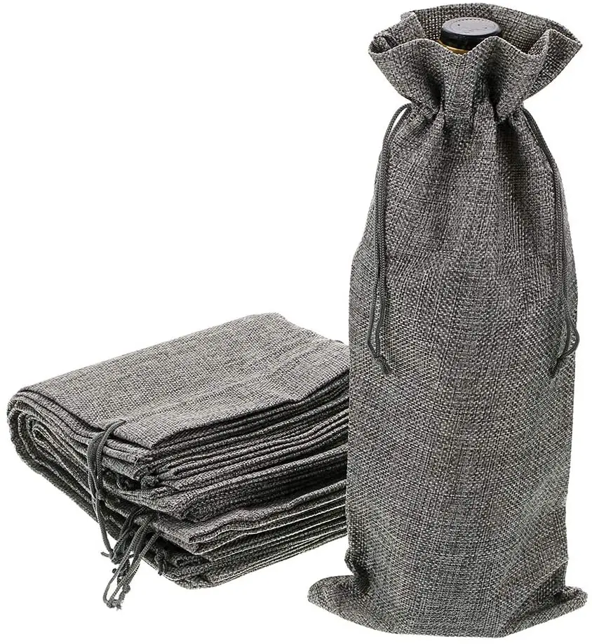
Good quality custom promotional natural burlap fabric drawstring jute wine bags jute bottle gray bag 