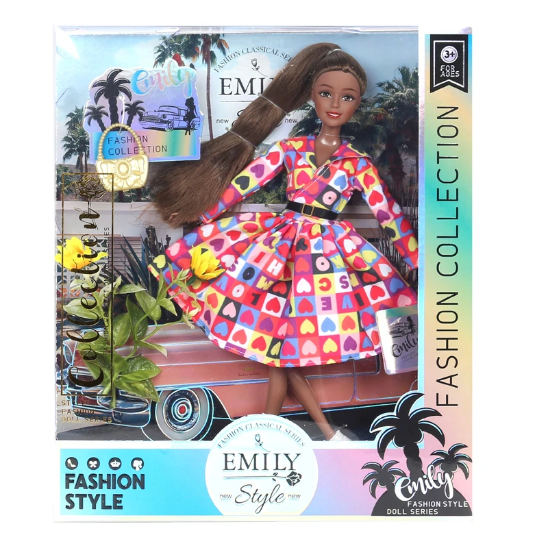 EMILY 11.5-inch 11 joint wearing plaid skirt, white shoes, brown long curly hair dolls for girls black best gift
