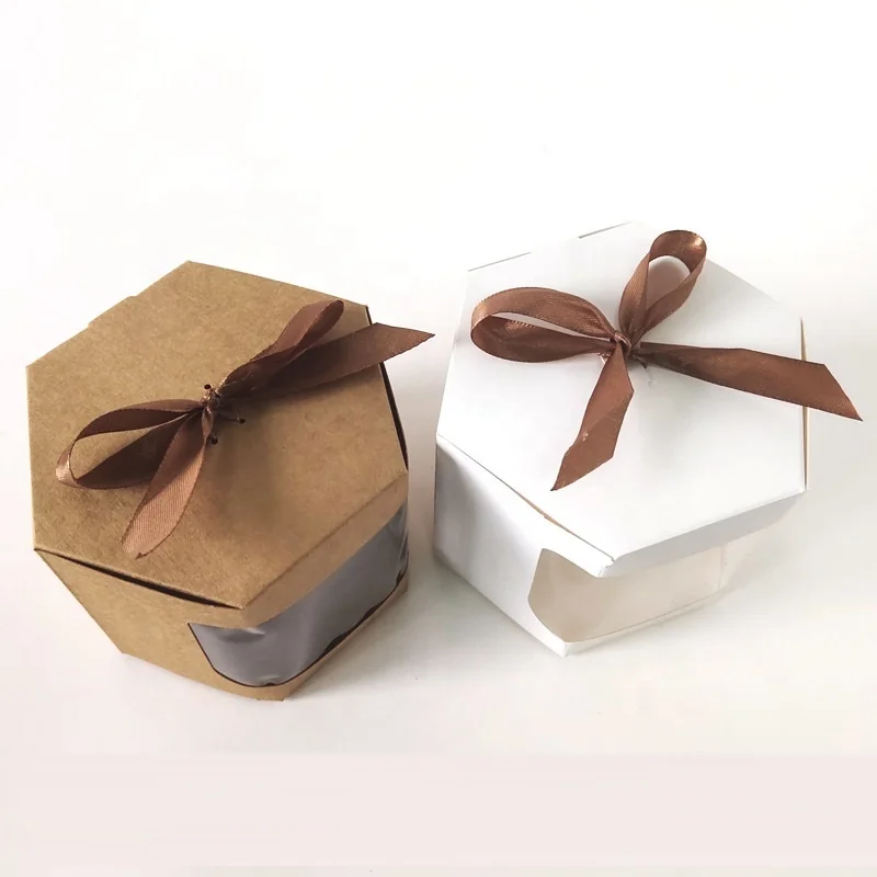 Kraft Packaging With Clear Window Customized Brown Kraft Paper Dessert Box Ribbon Handle Hexagon Polygon Box