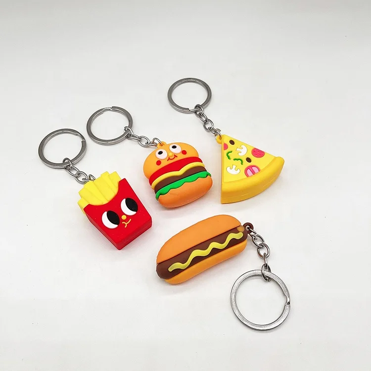 Creative 3d hamburger french fries pizza keychain custom food shape keychain for bakery claw crane machine promotional gifts