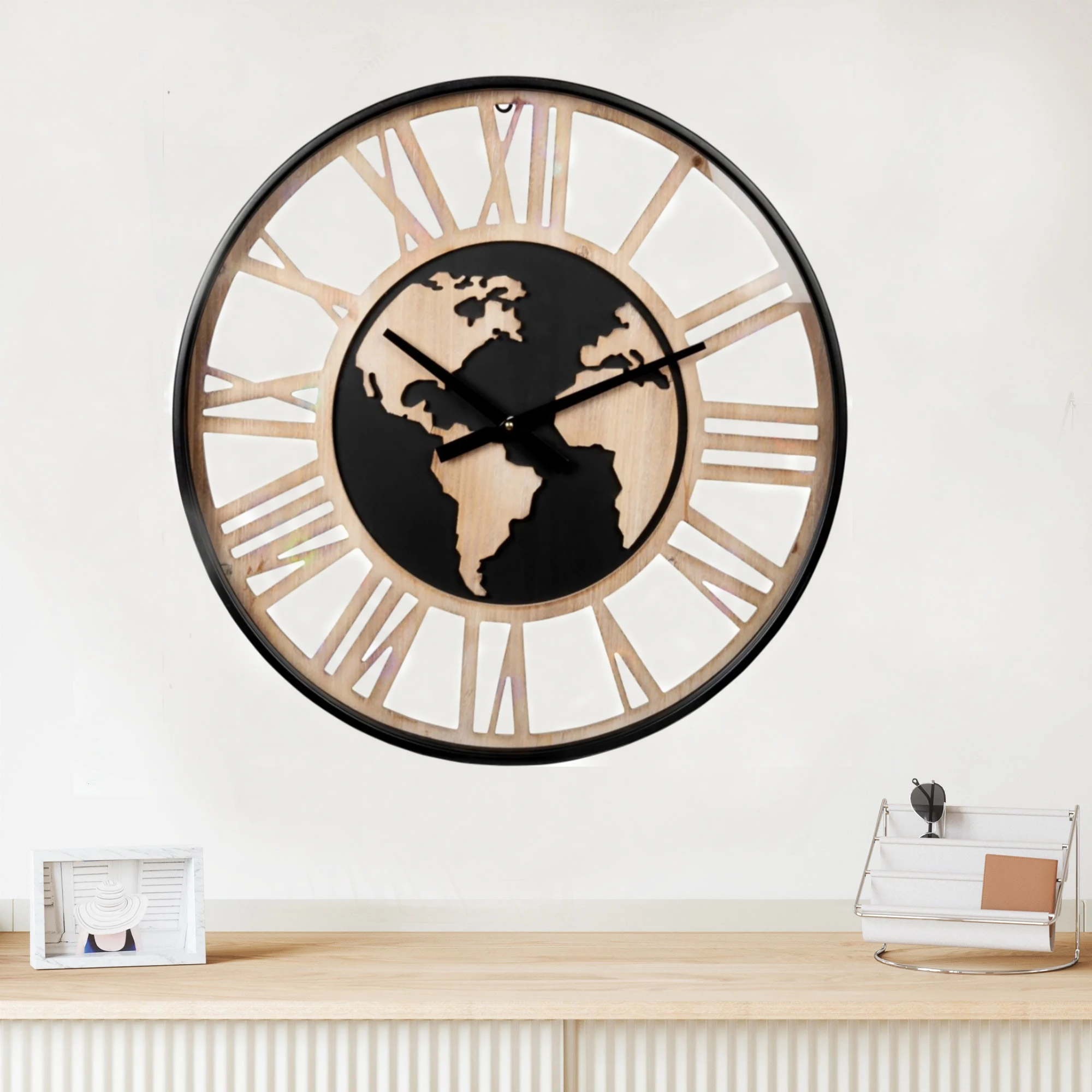 clock world  map interior factory price wooden wall clock home decor for sale