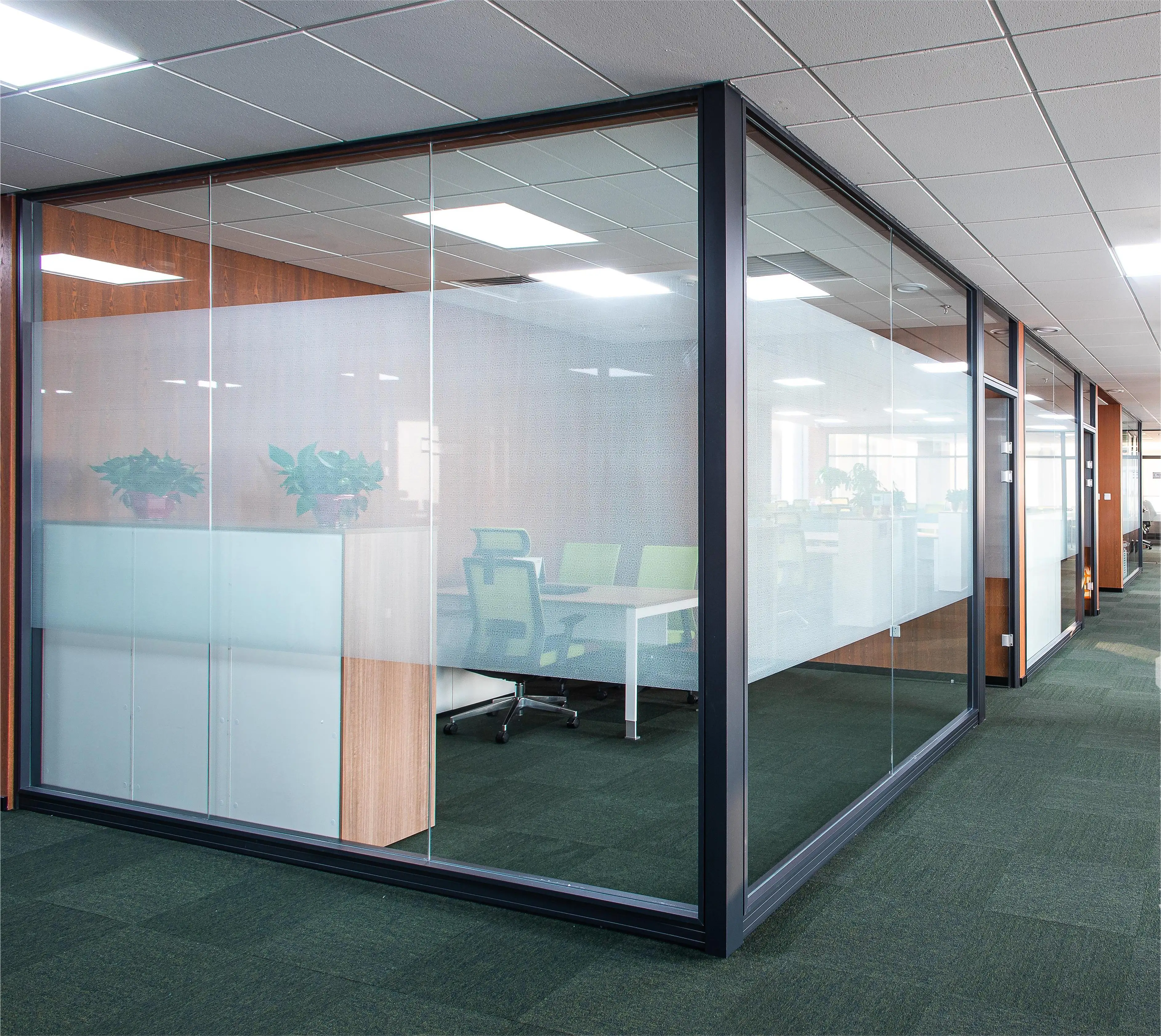 New product ideas 2024 Custom glass wooden style aluminum alloy office decoration interior Visible frame single glass wall