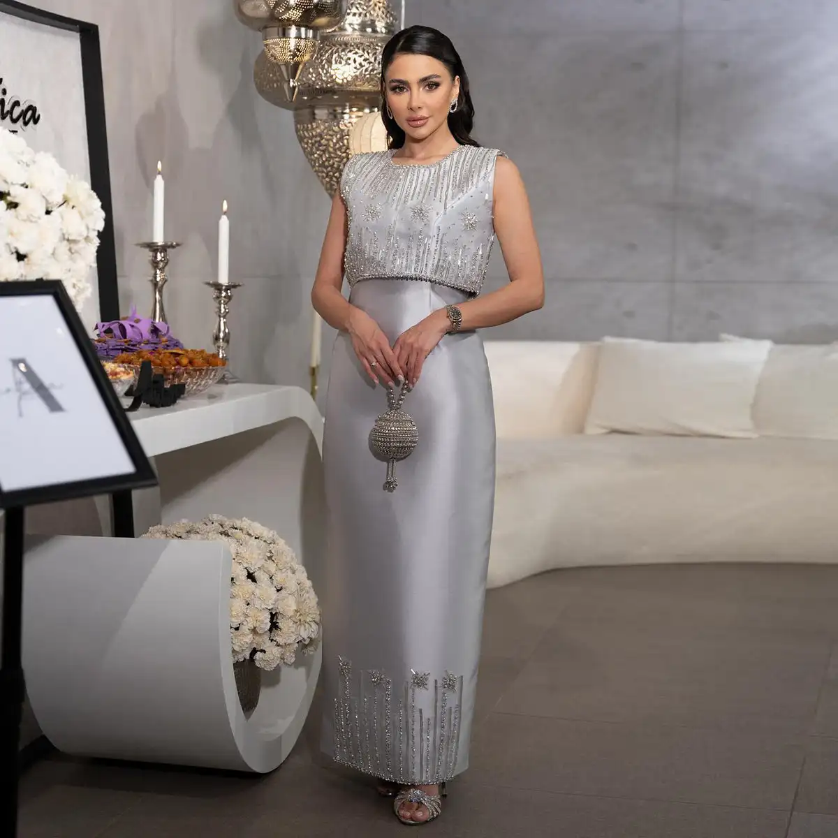 Ruolai ASA-SS95  Elegant Arabic Silver Gray Satin Beading Formal Evening Dress for Rhinestones Dubai Wedding Party Dress