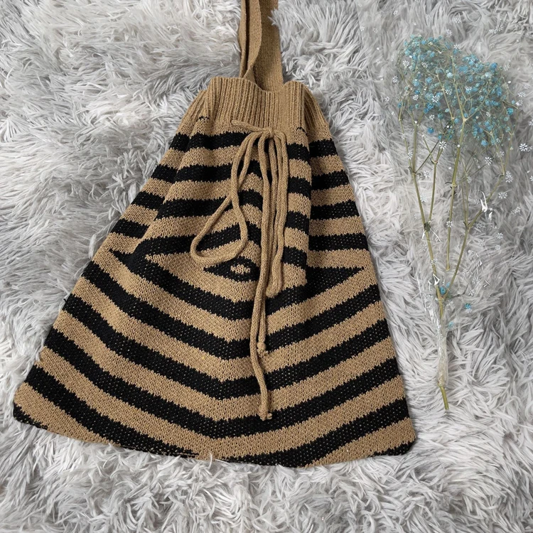 Winter&Autumn Crochet Shoulder Bag Large Capacity Shopping Handbag Drawstring Wool Knitted Tote Bag