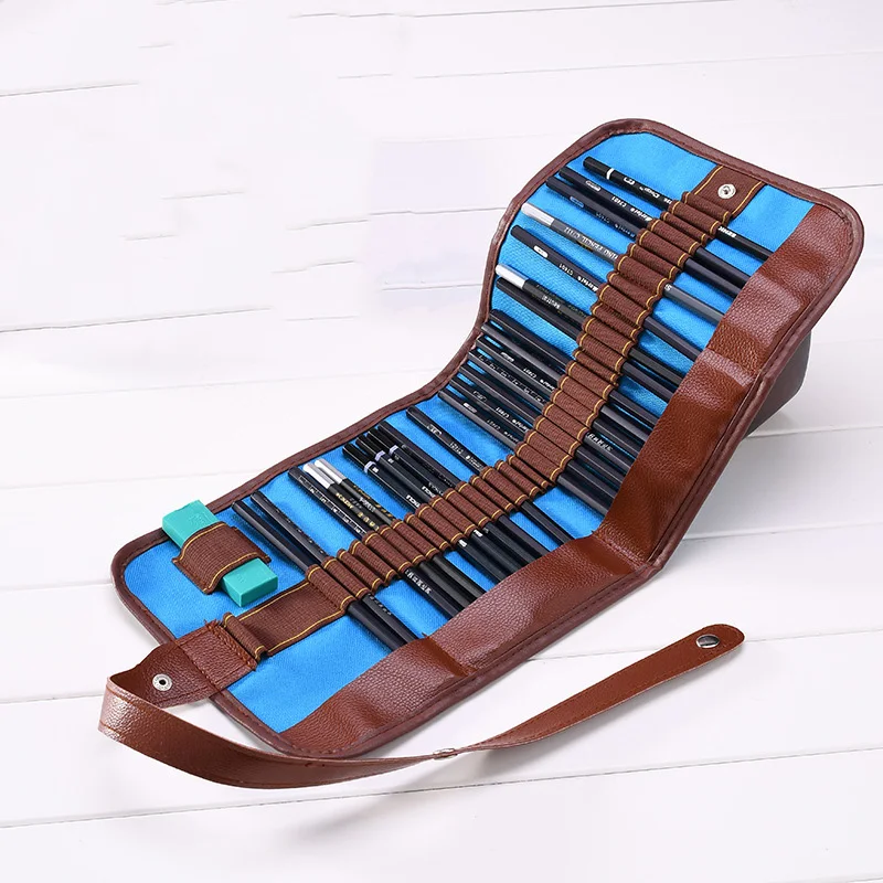 Elegant Leather Canvas Roll Painting Material Storage Bags with A Leather Tie Multi Holes Paintbrush Sketch Writing Case