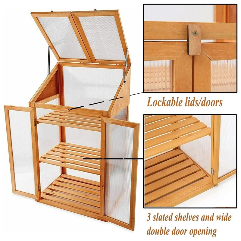Growth Cold Frame House Double Door and Lockable lid Polycarbonate Large 3 Tier Wooden Transparent Wood Greenhouse