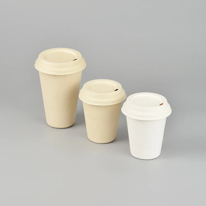 Eco friendly disposable  biodegradable compostable bagasse sugarcane pulp paper takeaway coffee or water drinking cup with lid