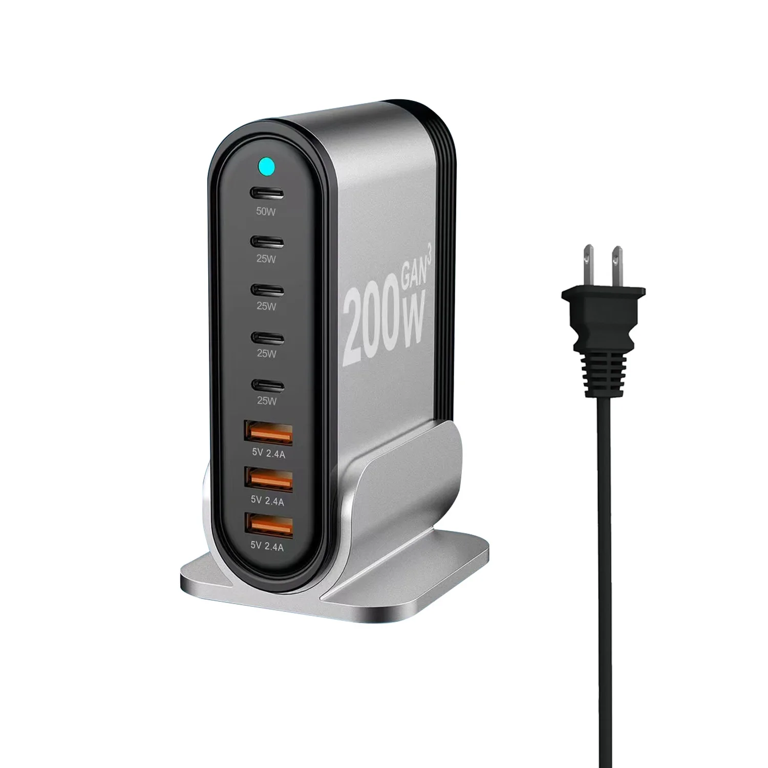 Gallium Nitride 200W Multiple USB 8 Ports High Power Desktop Fast Charging Station PD Fast Type C USB A Wall Charger
