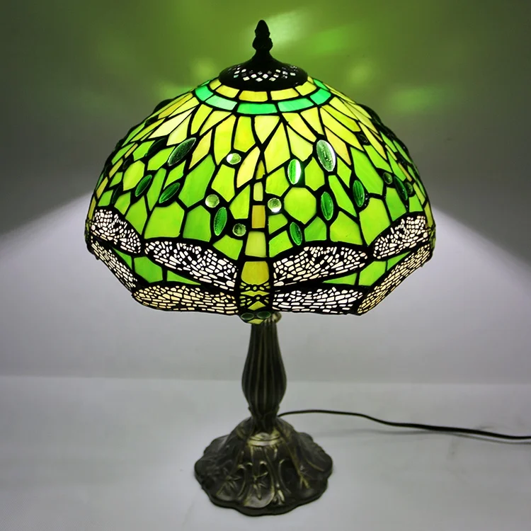 LongHuiJing 12Inch Dragonfly Green Stained Glass Lampshade Desk Lights Handmade Glass Table Lamps With zinc Alloy Base