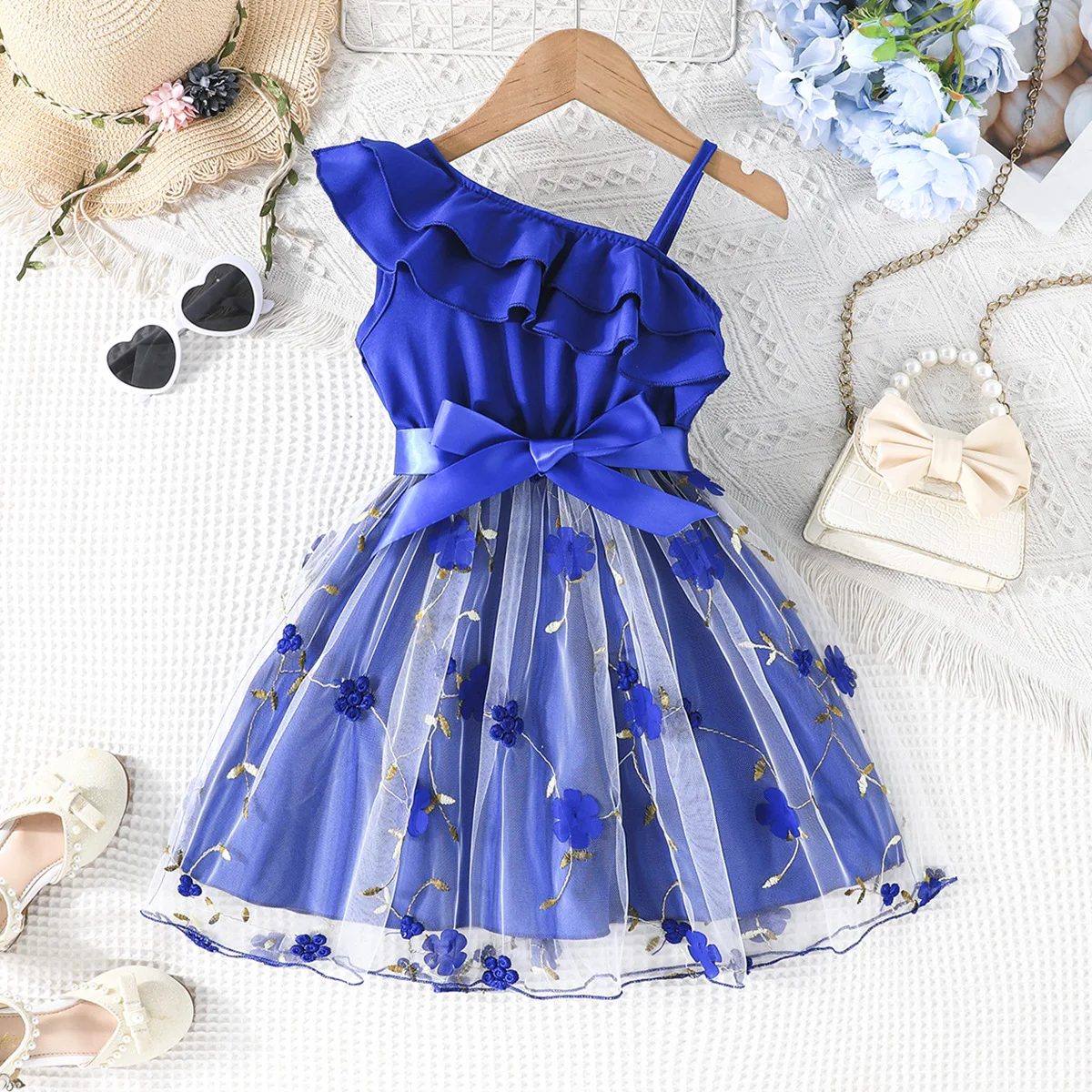 2025 Summer Boutique Beautiful Kids Clothing One Shoulder Lace Flower Princess Girls Dresses