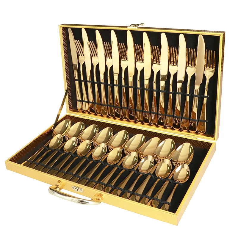 36pcs gold plated stainless steel flatware set Retro vintage inox cutlery set with wooden box,Best tableware for big family
