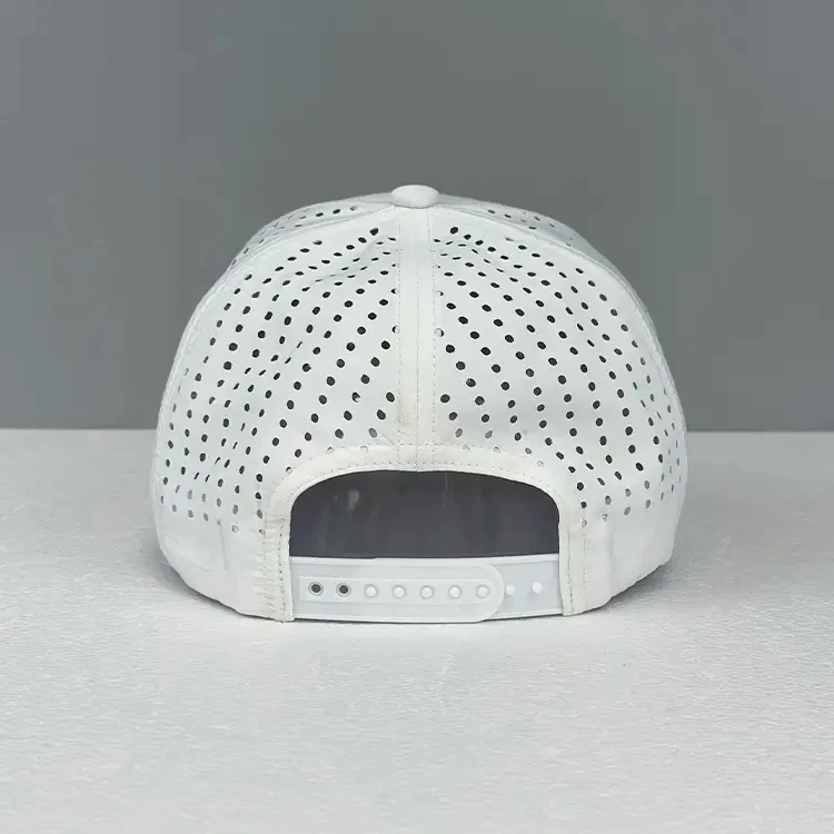 laser cut hole Perforated embroidery nylon custom 5 panel Waterproof rubber pvc logo leather patch Rope baseball cap trucker hat