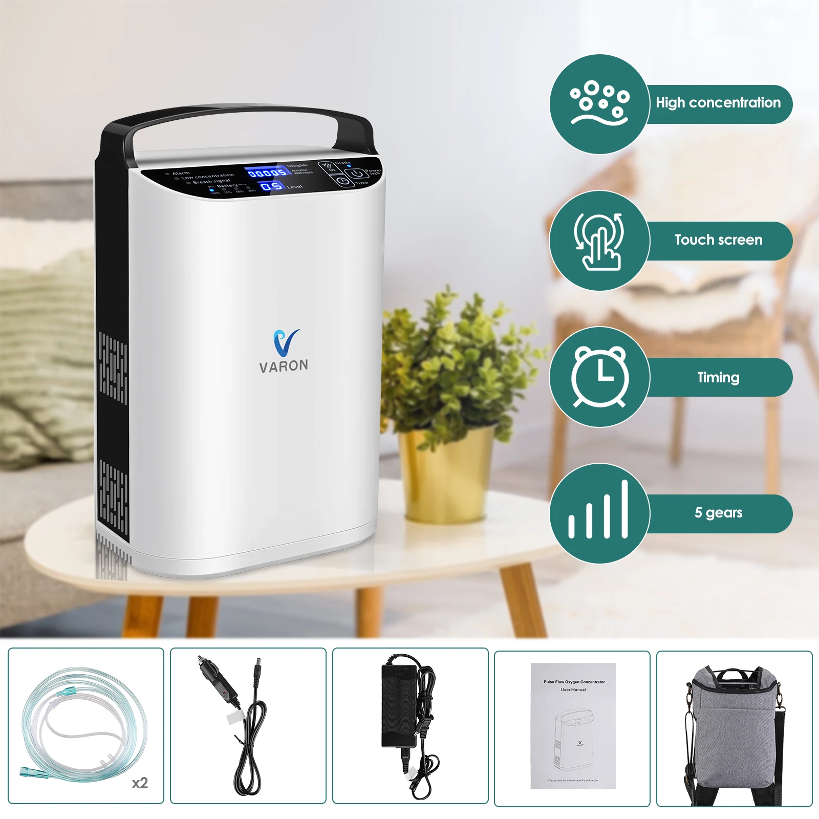 Varon Newest Portable Mini pulse flow Oxygen Concentrator with 93% Concentration Flow with Battery