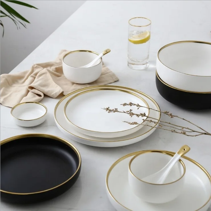 
Nordic Ins Style Gold Edge Ceramic Plates Bowl Simple Ceramic Dinnerware Set Western Deep Plate Bone China Dinner Sets 