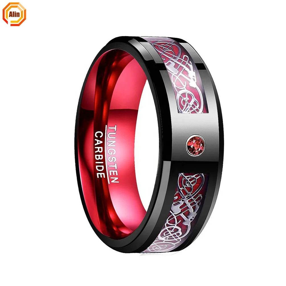 8MM Blue Color Plated Big CZ Stone Brushed Inlay Pattern Wedding Band Tungsten Carbide Men Rings