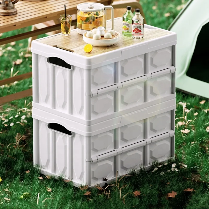 Outdoor 30L 50L Car Luggage Foldable Grocery Storage Basket Folding Wooden Lid Camping Box