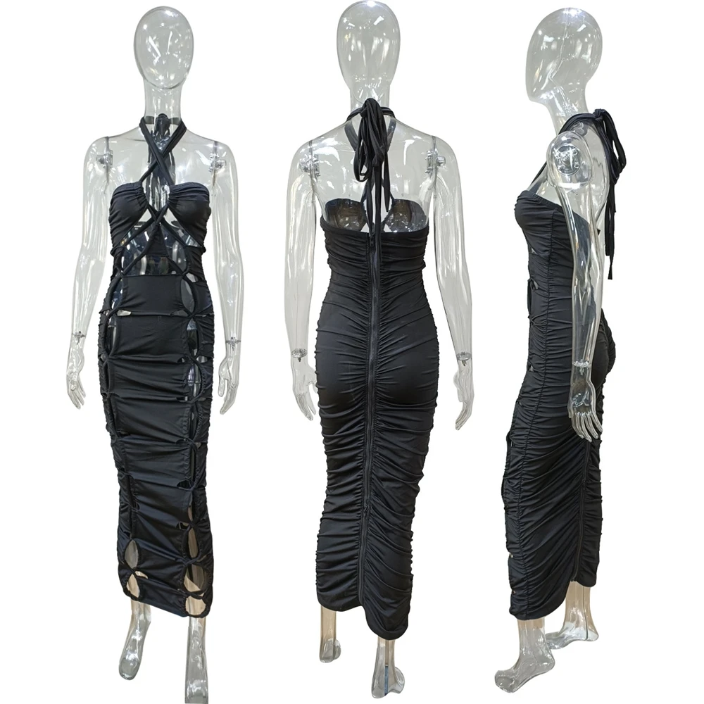 MD-2022060917    Cut Out women outfits sexy sleeveless halter stacked drawstring bandage plus size women dress