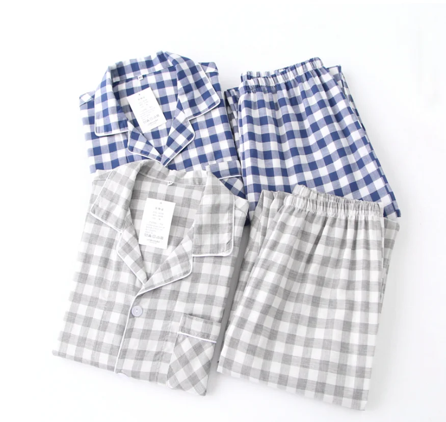 Stripes checkered Pattern Lapel Style Cotton Pajama Set Home Clothes