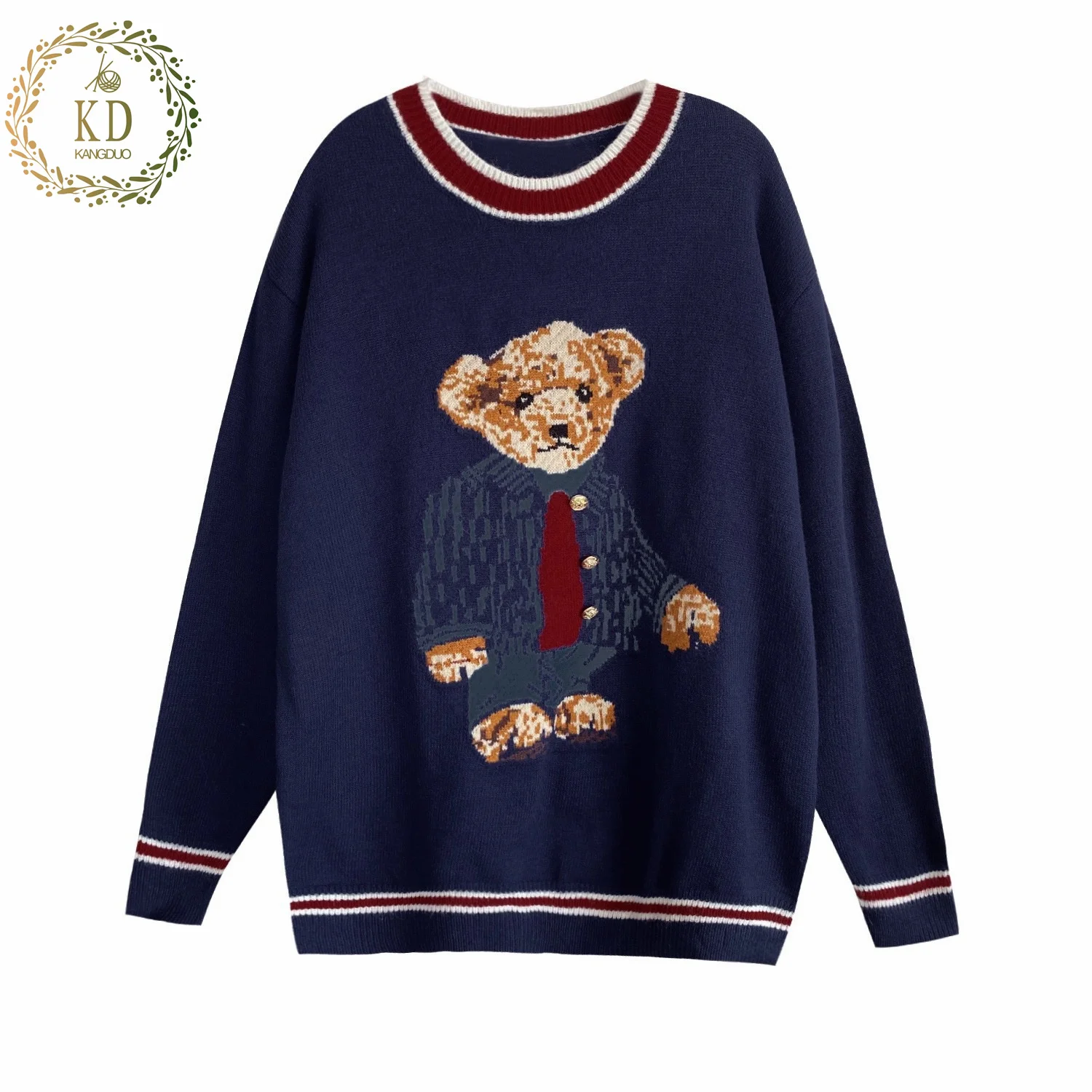 KD New Fashion Custom core yarn basic Fitted women Knitted Wool Bear college Vest  Design Sweater romper