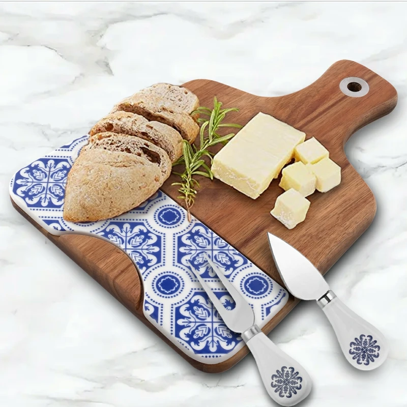 Wholesale Acacia Wood Ceramic Marble Cheese Charcuterie Board with Handle and knife set