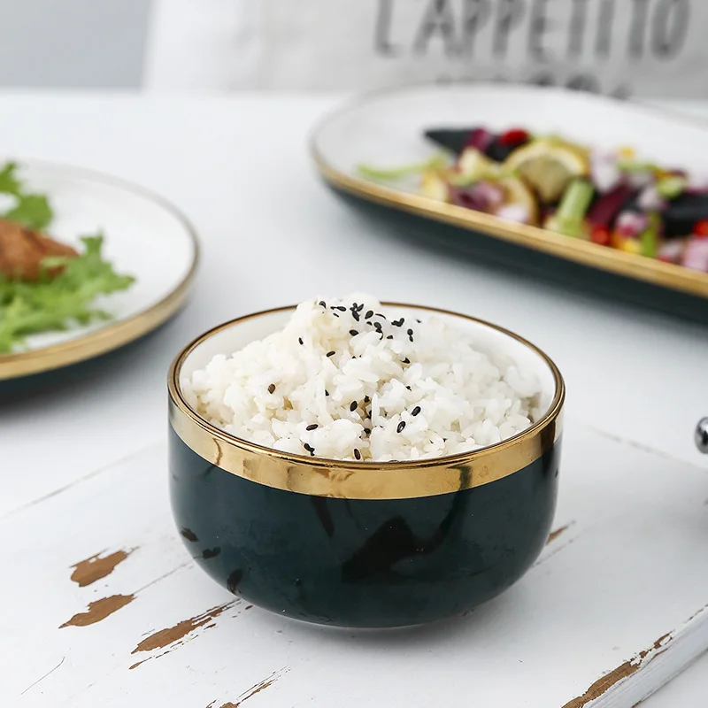 Luxury Gold Rim White Porcelain Ceramic Kitchen Utensil Plate Dish Bowl Dinner Dinnerware Set