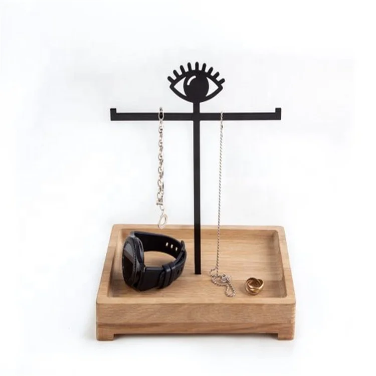 Simple Style Jewelry Holder Metal and Wood Necklace Stand Tray