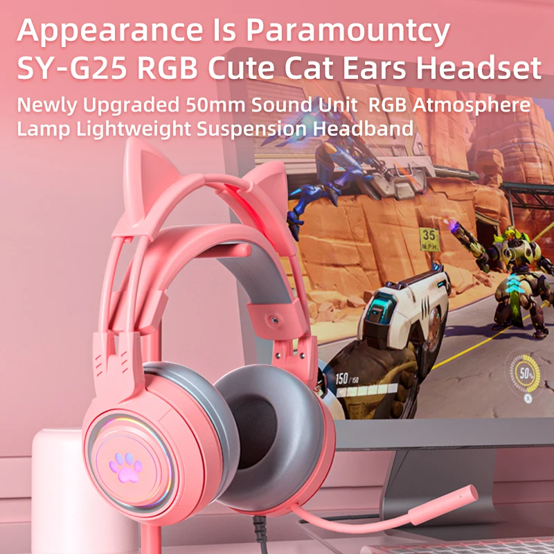 soyto G25 50mm LED light cat ear headset with microphone A gaming luminous headset designed for gamers, girls and boys