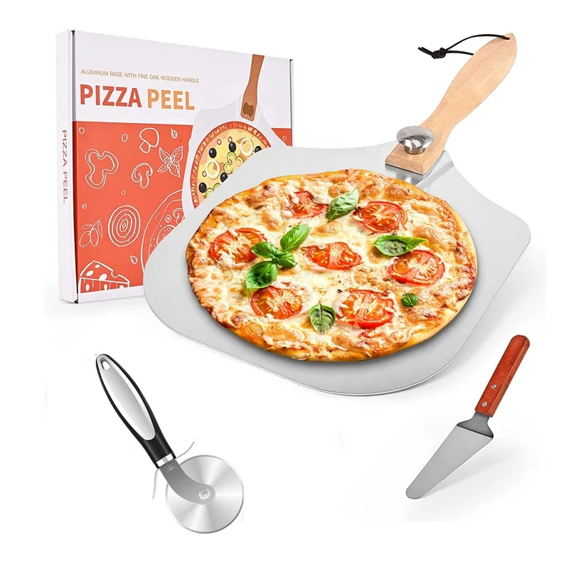 Упаковка из 3 складной 12 дюймов х 14 дюймов Алюминиевый металлический пиццы с деревянной ручкой для пиццы комплект