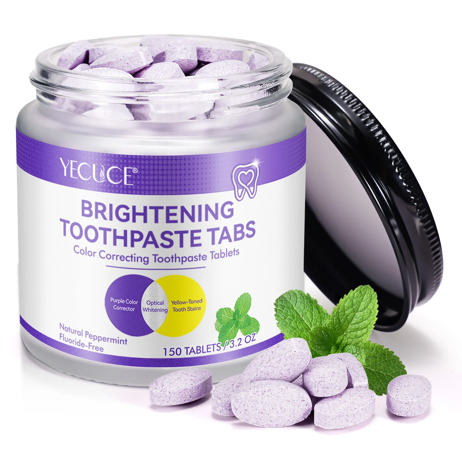 YECUCE peppermint 150 tablets strengthens whitens enamel solid whitening hydroxyapatite chewable toothpaste tablets