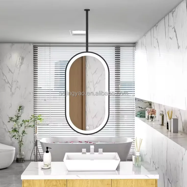 Customized Smart Bathroom shatterproof tempered mirror Oval Shaped Fogless Touch Screen LED mirror